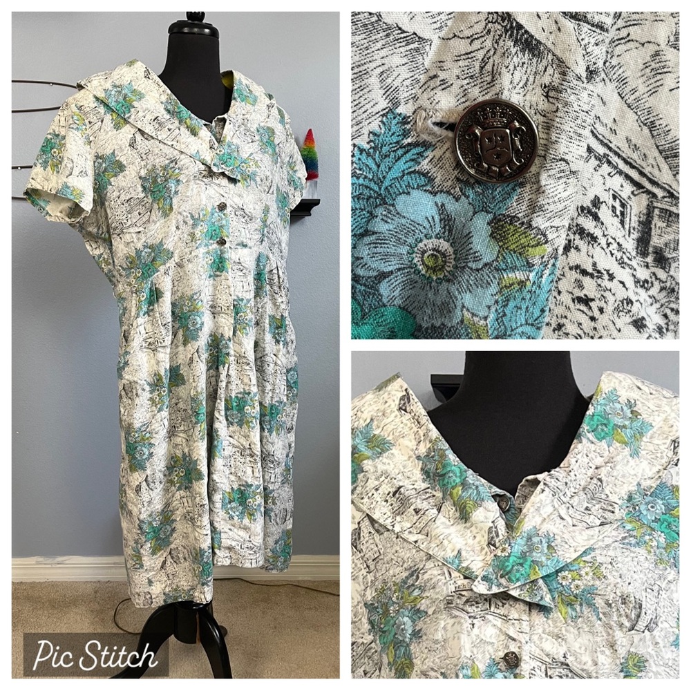 Vtg 50s Plus Size Blue Floral And Houses Novelty Print Sheath Dress Large Collar
